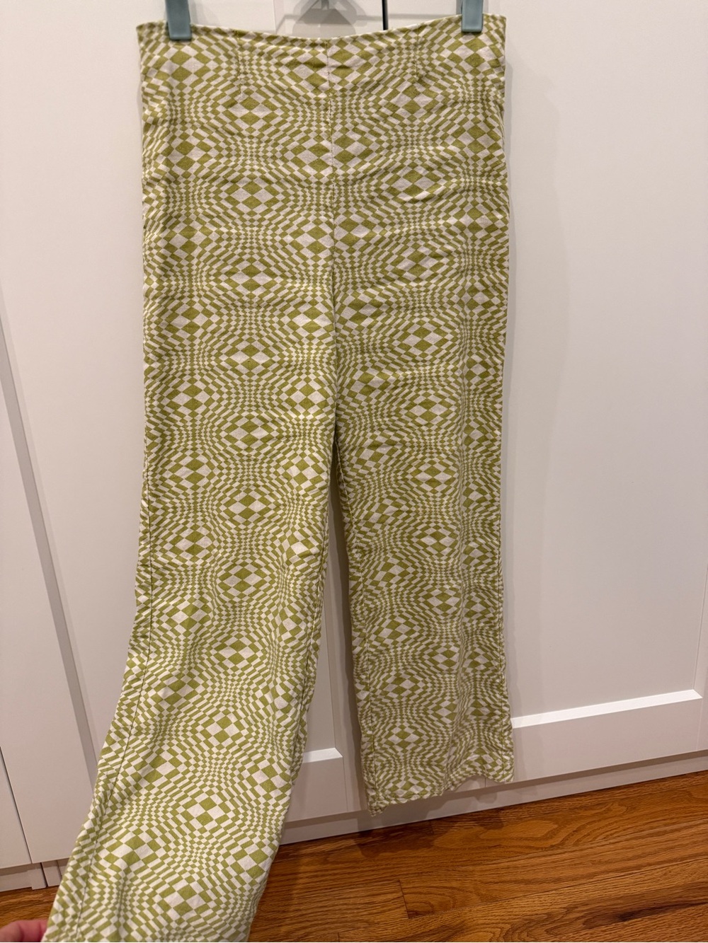 High-Waist Linen Blend Pants in Olive Geo Print